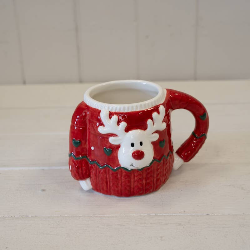 Christmas Mug: Ceramic Xmas Sweater With Reindeer  - White & Red - Satchville Gift Co