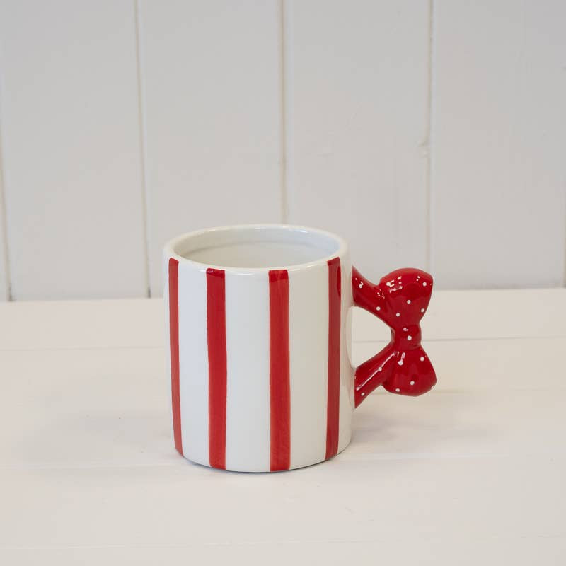Christmas Mug: Ceramic Striped With Polka Dot Handle - White & Red - Satchville Gift Co
