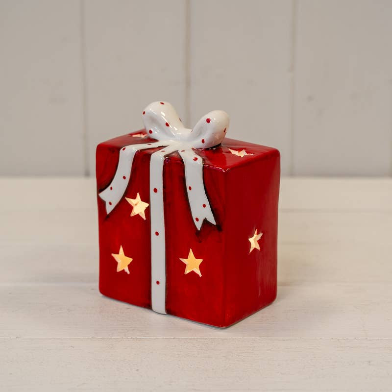Christmas Ornament : Ceramic House LED - Red - Satchville Gifts Co