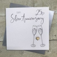 Anniversary Card: Silver 25th Flutes Handmade Crystals - Silver - White Cotton Cards