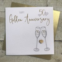 Anniversary Card: Golden 50th Flutes Handmade Crystals - Silver - White Cotton Cards