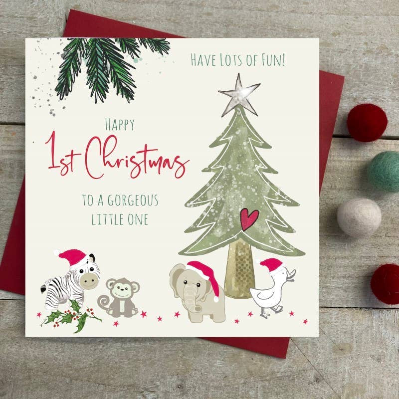 Christmas Card: 1st Christmas To A Little One - Xmas Tree  - Hand Decorated- White Cotton Cards