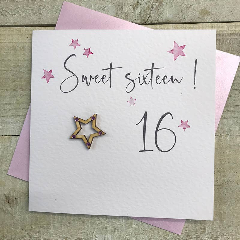 Age 16th Birthday Card: Sweet Sixteen Wooden Star - Pink - White Cotton Cards