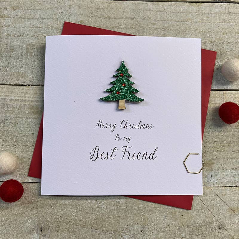 Christmas Card: Best Friend Wooden Xmas Tree Hand Decorated- White Cotton Cards