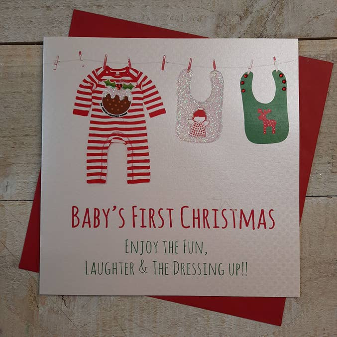 Christmas Card: Baby's 1st Christmas  - Xmas Washing Line  - Hand Decorated- White Cotton Cards