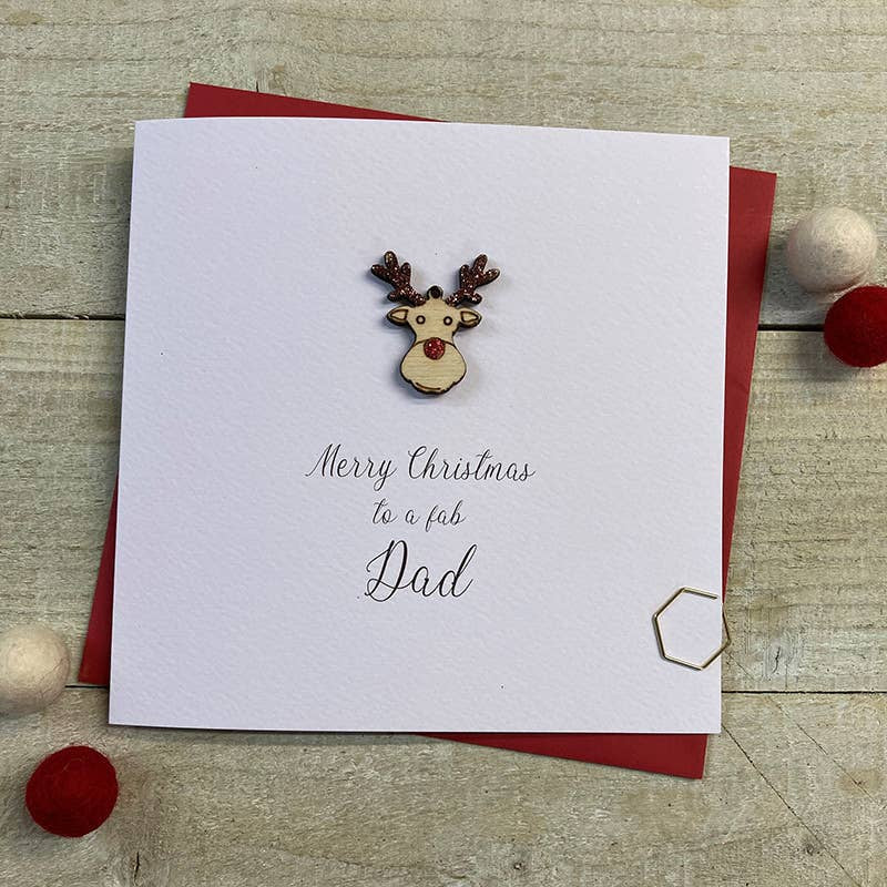 Christmas Card: Merry Christmas To Best Dad - Wooden Reindeer - Hand Decorated- White Cotton Cards