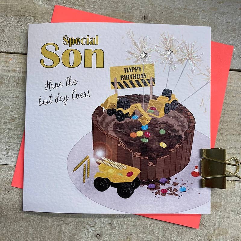 Son card: Special Son Chocolate Cake With Digger  Hand Finished - White Cotton Cards