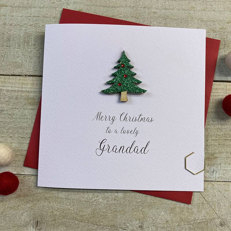 Christmas Card: Grandad Wooden Xmas Tree Hand Decorated- White Cotton Cards