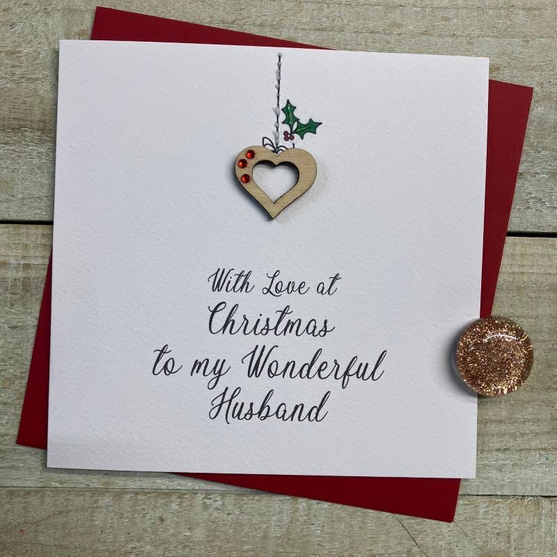 Christmas Card: Wonderful Husband Wooden Heart Hand Decorated- White Cotton Cards