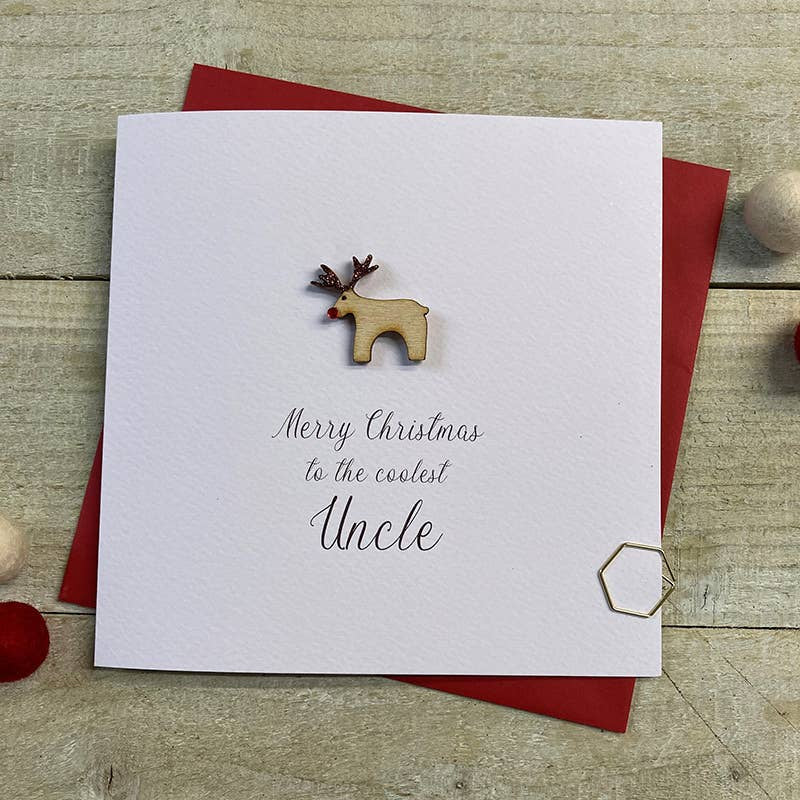 Christmas Card: Uncle Happy Christmas Wooden Reindeer Hand Decorated- White Cotton Cards