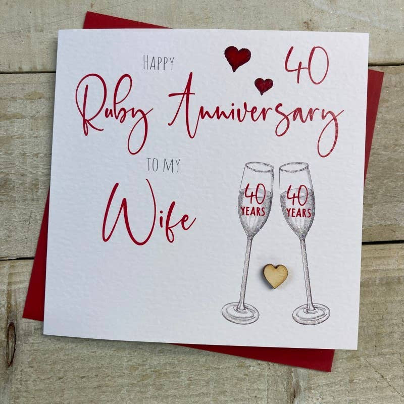 Anniversary Card: 40th Ruby Anniversary Wooden Heart - Hand Finished - White Cotton Cards