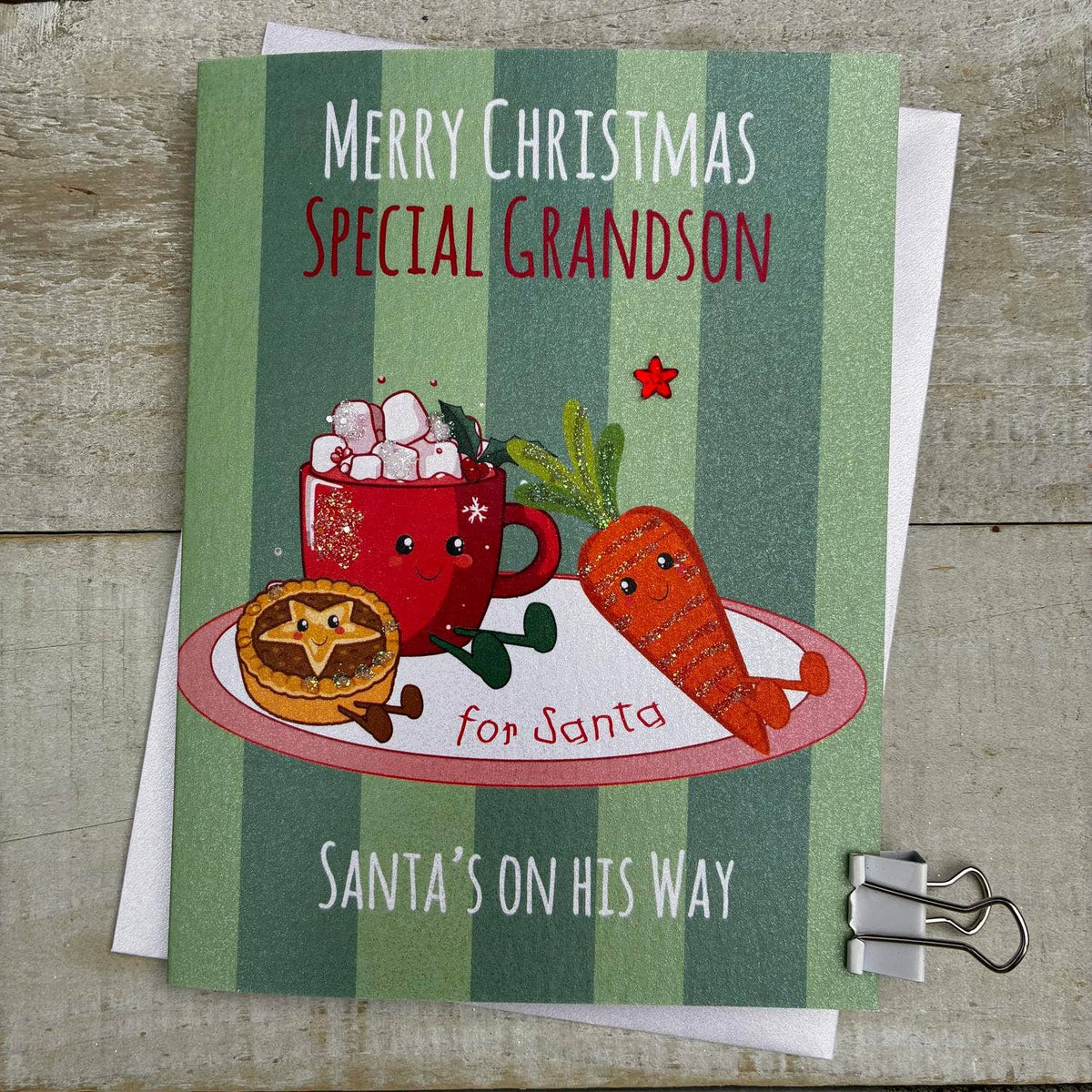 Christmas Card: Merry Christmas Grandson - Santa's Plate - DOODLEBUG - White Cotton Cards