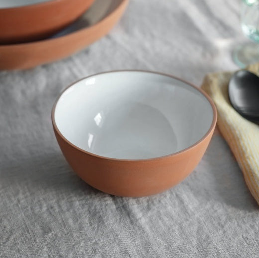 Side Bowl: Stoneware Matt Texture White Glazed Interior- Terracotta