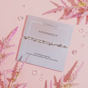 Carded Bracelet: Clasp Stars FRIENDSHIP Message - Silver Plated - Letter Box Love