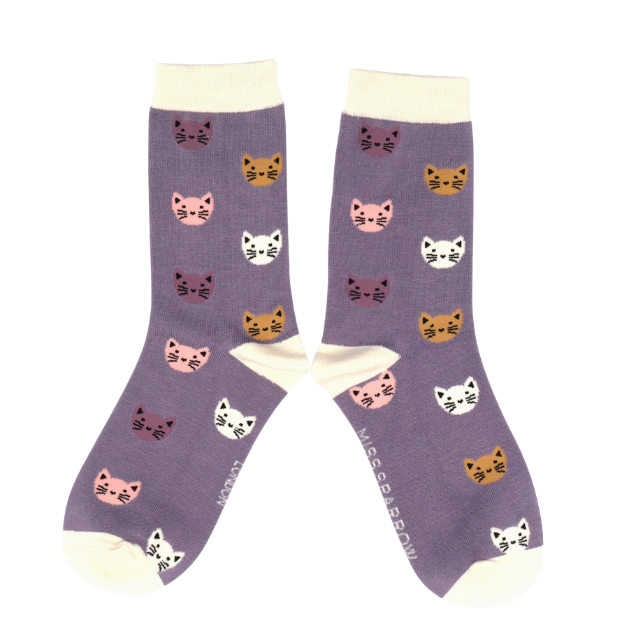 Ladies Socks: Bamboo Kitty Faces - Lavender - Miss Sparrow