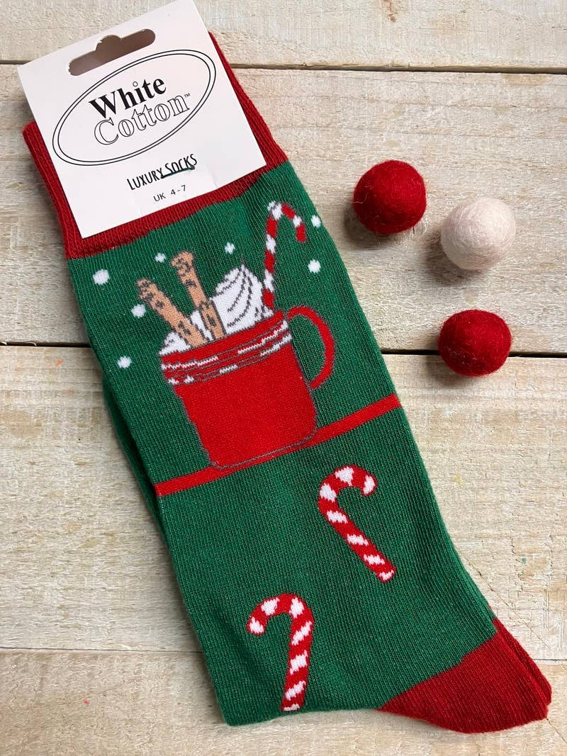 Ladies Socks: Christmas Hot Chocolate Candy Canes - Green - White Cotton Cards