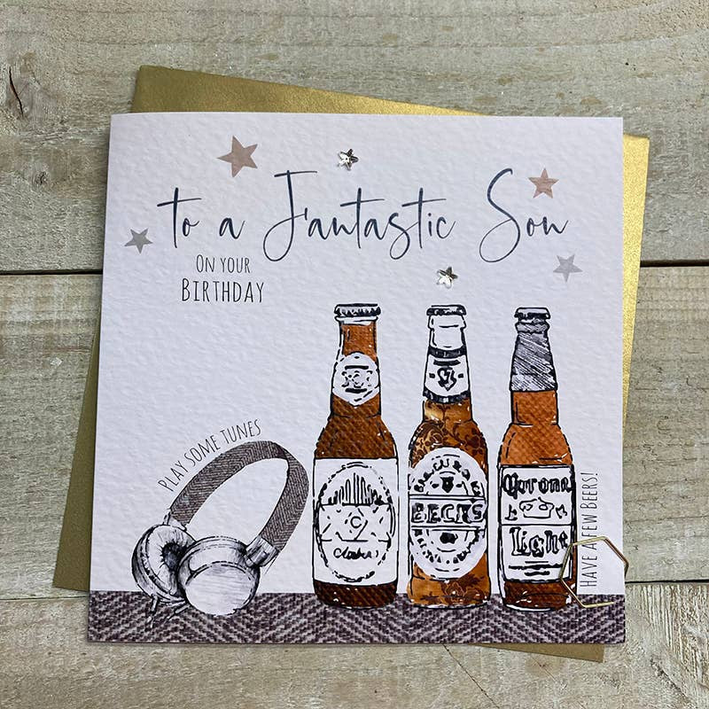 Son Card: To a Fantastic Son Happy Birthday Beer & Headphones  Handmade- White Cotton Cards