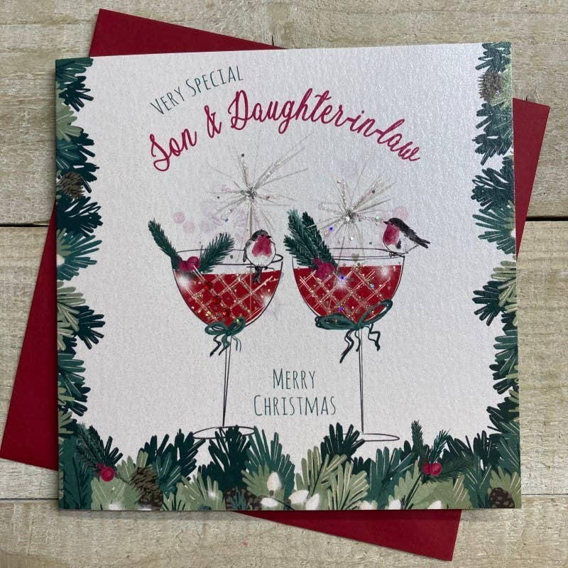 Christmas Card: Son & Daughter In Law Cocktail Glasses With Robins - Hand Decorated- White Cotton Cards