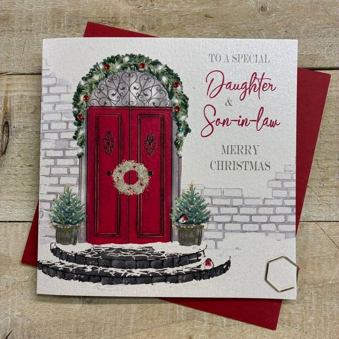 Christmas Card: Daughter & Son In Law Red Front Door - Hand Decorated- White Cotton Cards