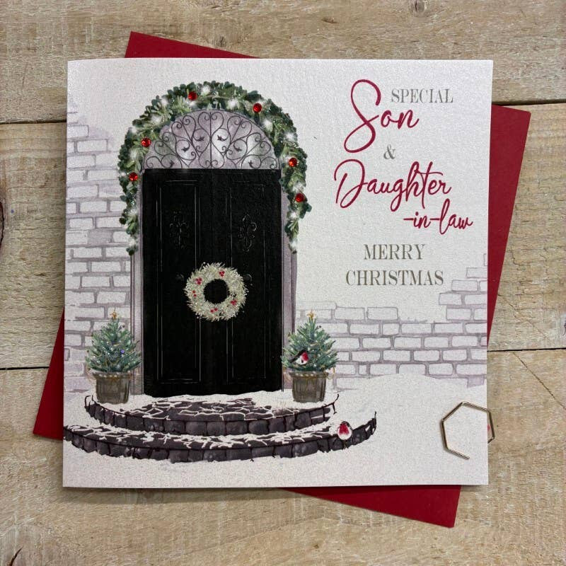 Christmas Card: Son & Daughter In Law Black Front Door - Hand Decorated- White Cotton Cards