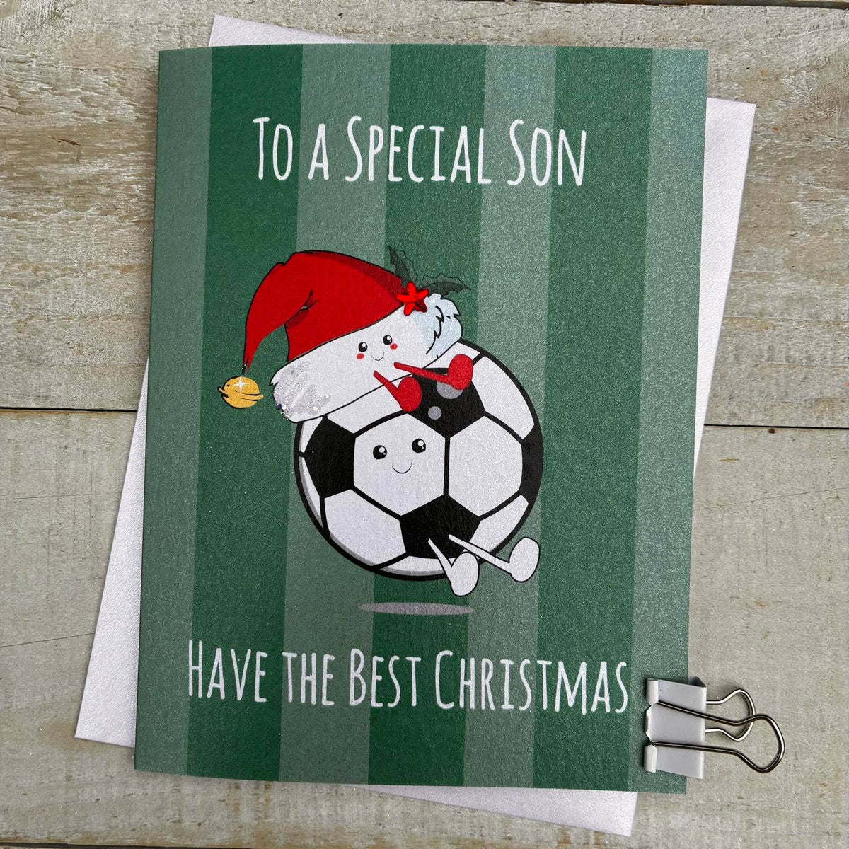 Christmas Card: To A Special Son - Football Santa Hat- DOODLEBUG - White Cotton Cards