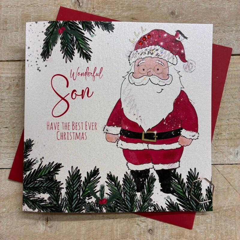 Christmas Card: Wonderful Son - Santa - Hand Decorated- White Cotton Cards