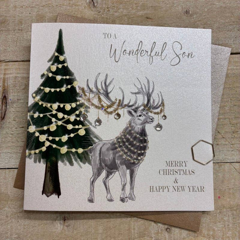 Christmas Card: Wonderful Son - Xmas Tree & Stag - Hand Decorated- White Cotton Cards