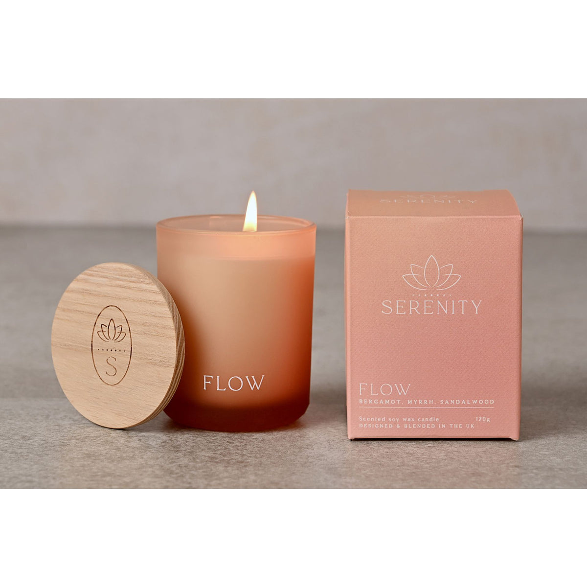 Candle: Glass Lid Small 120g Flow Bergamot Myrrh & Sandalwood - Coral Pink - Serenity