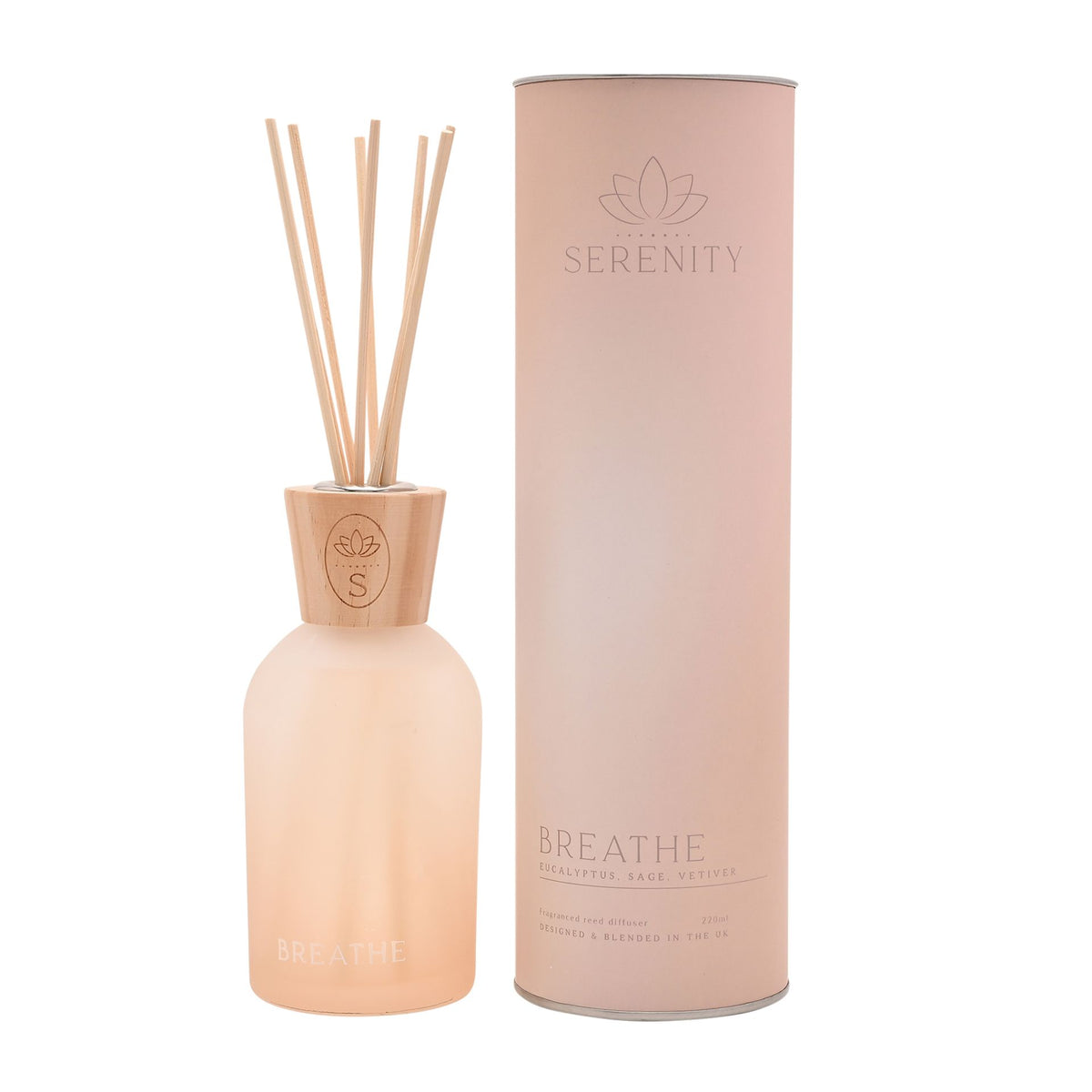 Diffuser: Glass 220ml Breathe Eucalyptus Sage & Vetiver - Peach - Serenity