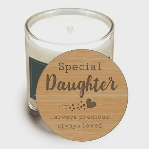 Candle Lid: Wood Engraved Message - Special Daughter - Always precious always