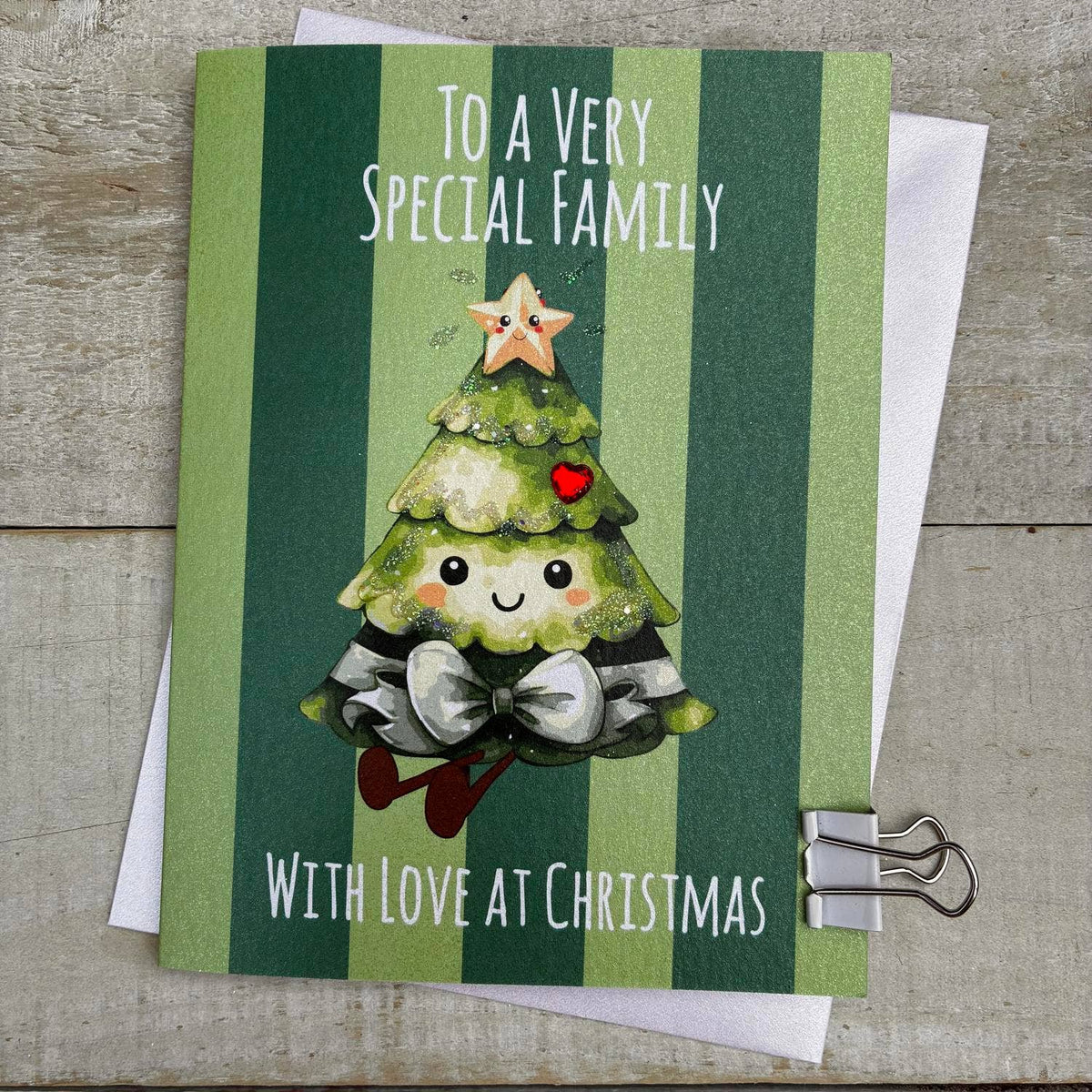 Christmas Card: To A Very Special Family - Xmas Tree - DOODLEBUG - White Cotton Cards