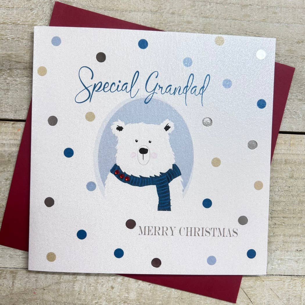 Christmas Card: Special Grandad - Polar Bear - Hand Decorated- White Cotton Cards