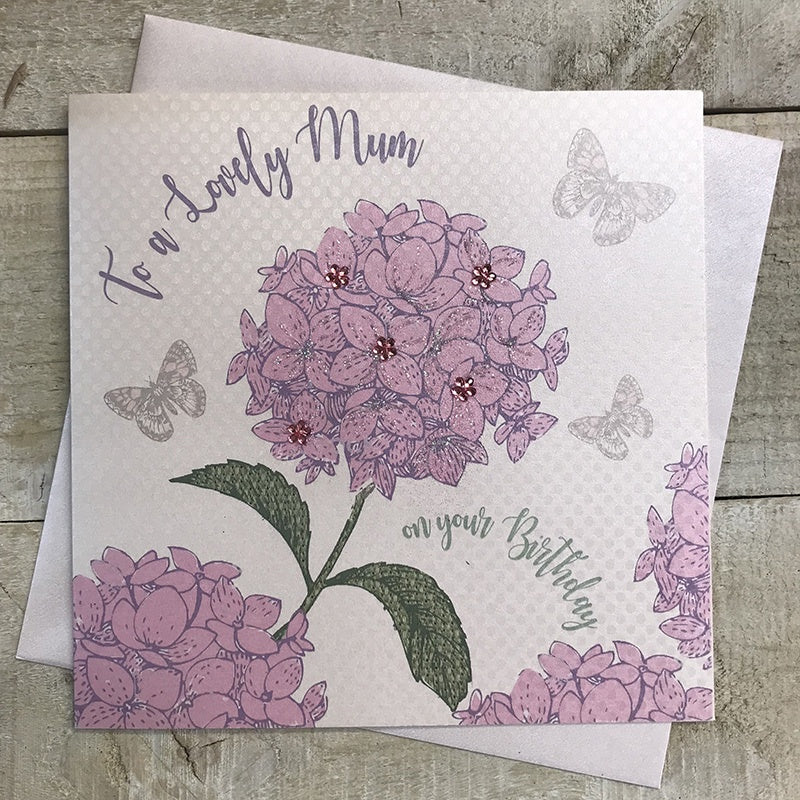Mum Card: Lovely Mum - Pink Hydrangea Hand Finished Crystals & Glitter - White Cotton Cards