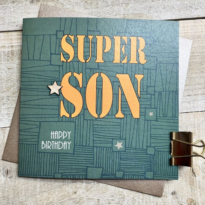 Son Card: Doodles Hand Finished Wood Star - Green - White Cotton Cards