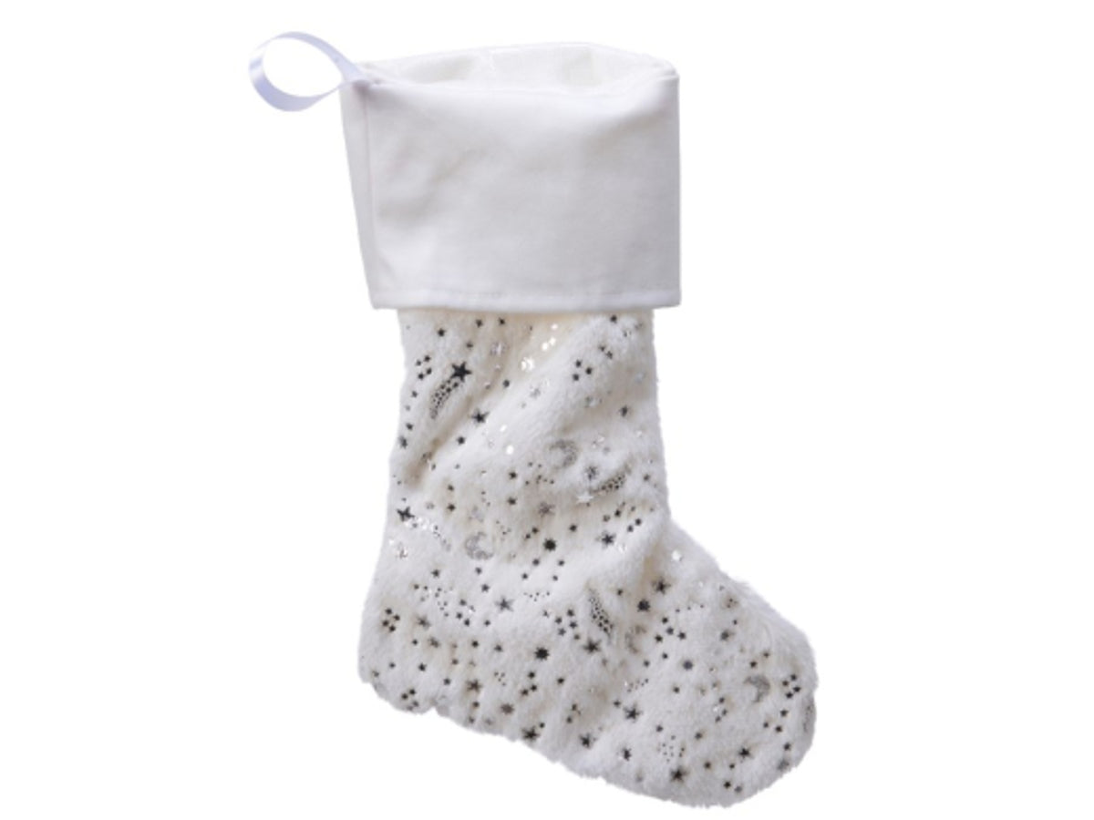 Stocking: Faux Fur Snowflake Silver Foil - White