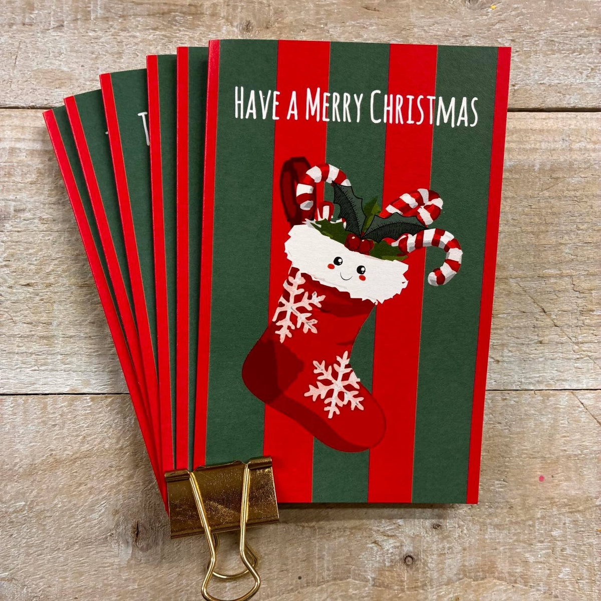 Christmas Card: Have A Merry Christmas - Stocking -  Pack Of 6 - DOODLEBUG - White Cotton Cards