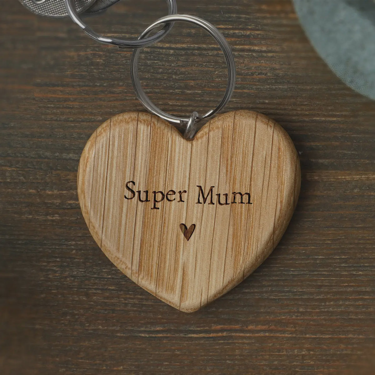 Keyring: Wood Heart Super Mum - Natural Oak - CGB