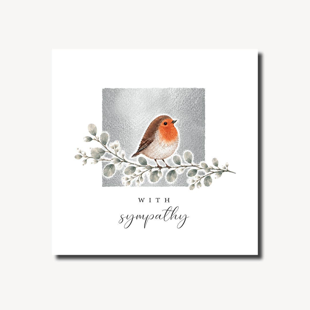 Sympathy Card: Robin On Branch - Grey - Marina B
