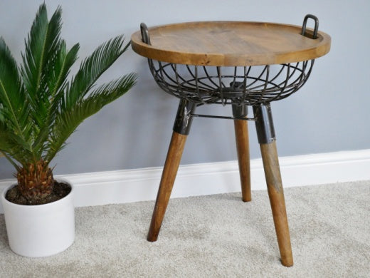 Side Table: Metal & Wood Basket URBAN INDUSTRIAL - Natural & Black