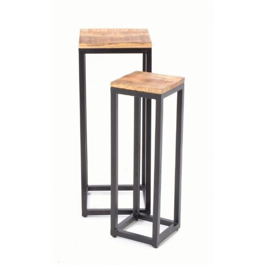Plant Stand Side Tables: Mango Wood & Steel Square Tall Industrial - Natural