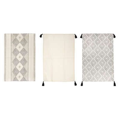 TeaTowel: Set 3 Cotton Boho Pattern Tassles - Black & White