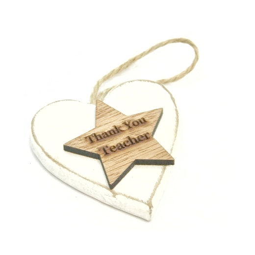 Chunky Thank You Teacher  Hanging Heart Wood Sentiment Decoration - White w Natural  Star Tag
