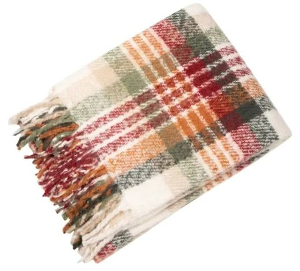 Throw: Faux Mohair CAWDOR Plaid Check  - Orange & Green - Malini