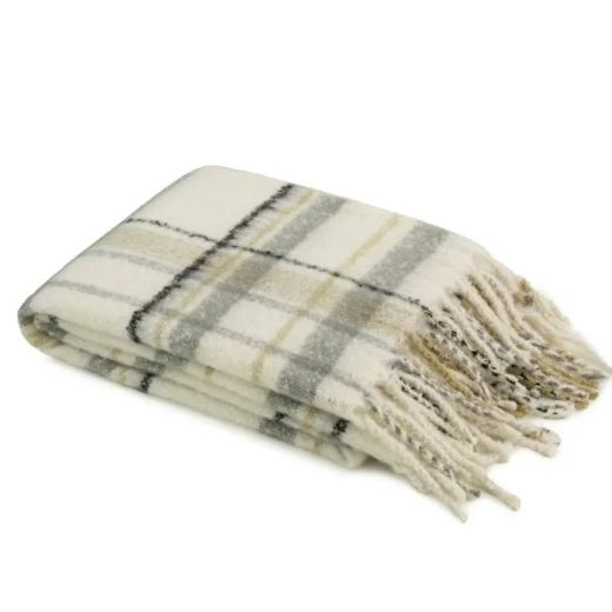 Throw: Faux Mohair CHELTENHAM Plaid Check  - Grey & Sage Green - Malini