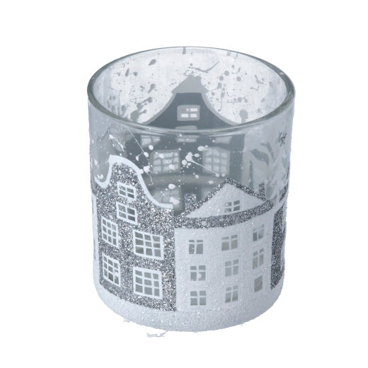 T-Light Holder: Glass Votive Frosted Houses Design Small - Grey