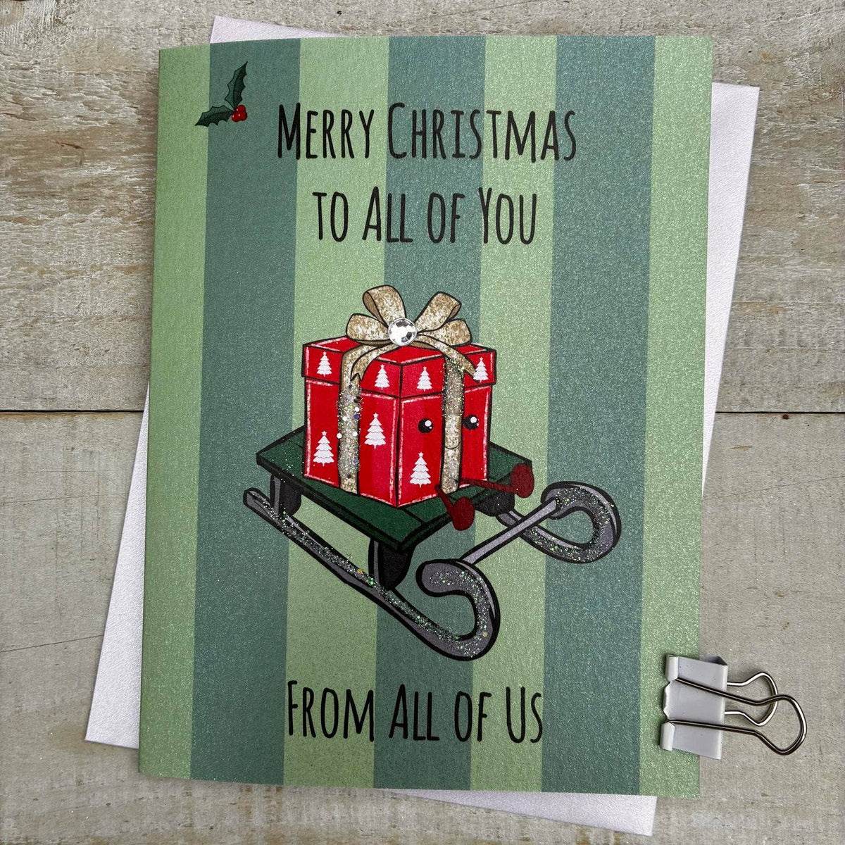 Christmas Card: Merry Christmas To All Of You - Xmas Present On Sleigh - DOODLEBUG - White Cotton Cards