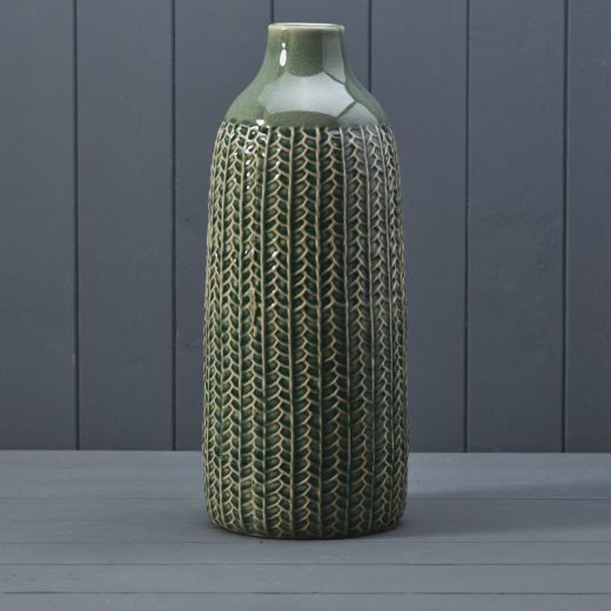 Vase: Ceramic Glazed Pattern Vertical Stripes Tall - Green
