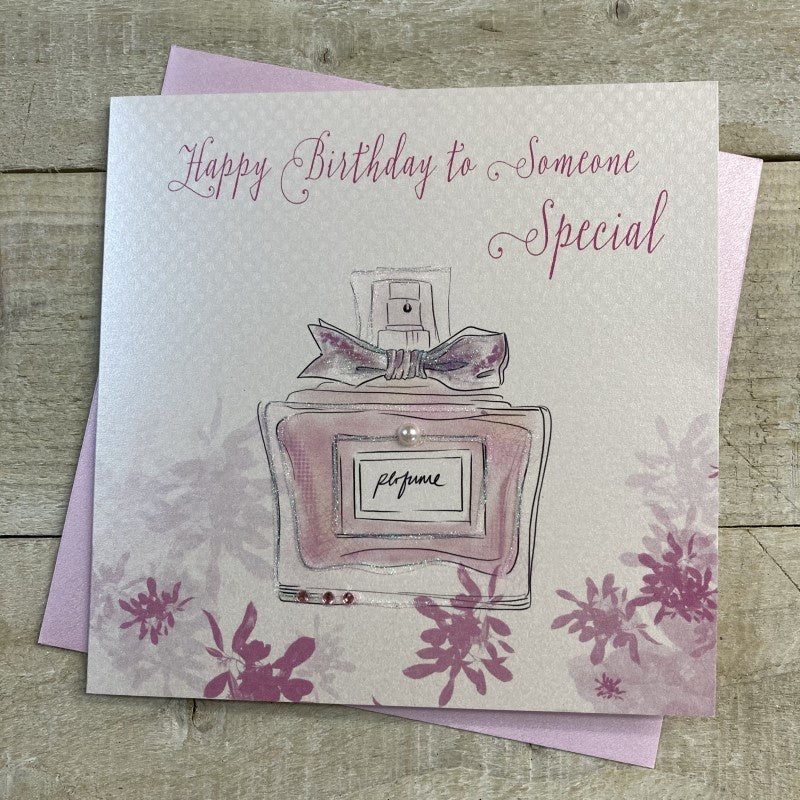 Birthday Card: Perfume Bottle Handmade Crystals -  White Cotton Cards
