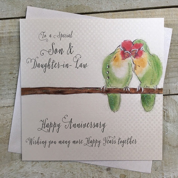 Anniversary Card: Son & Daughter In Law Lovebirds Hand Finished Crystals & Glitter