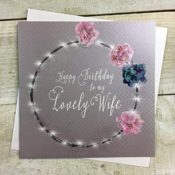Wife Card: Fairylights Flowers Hand Finished - White Cotton Cards